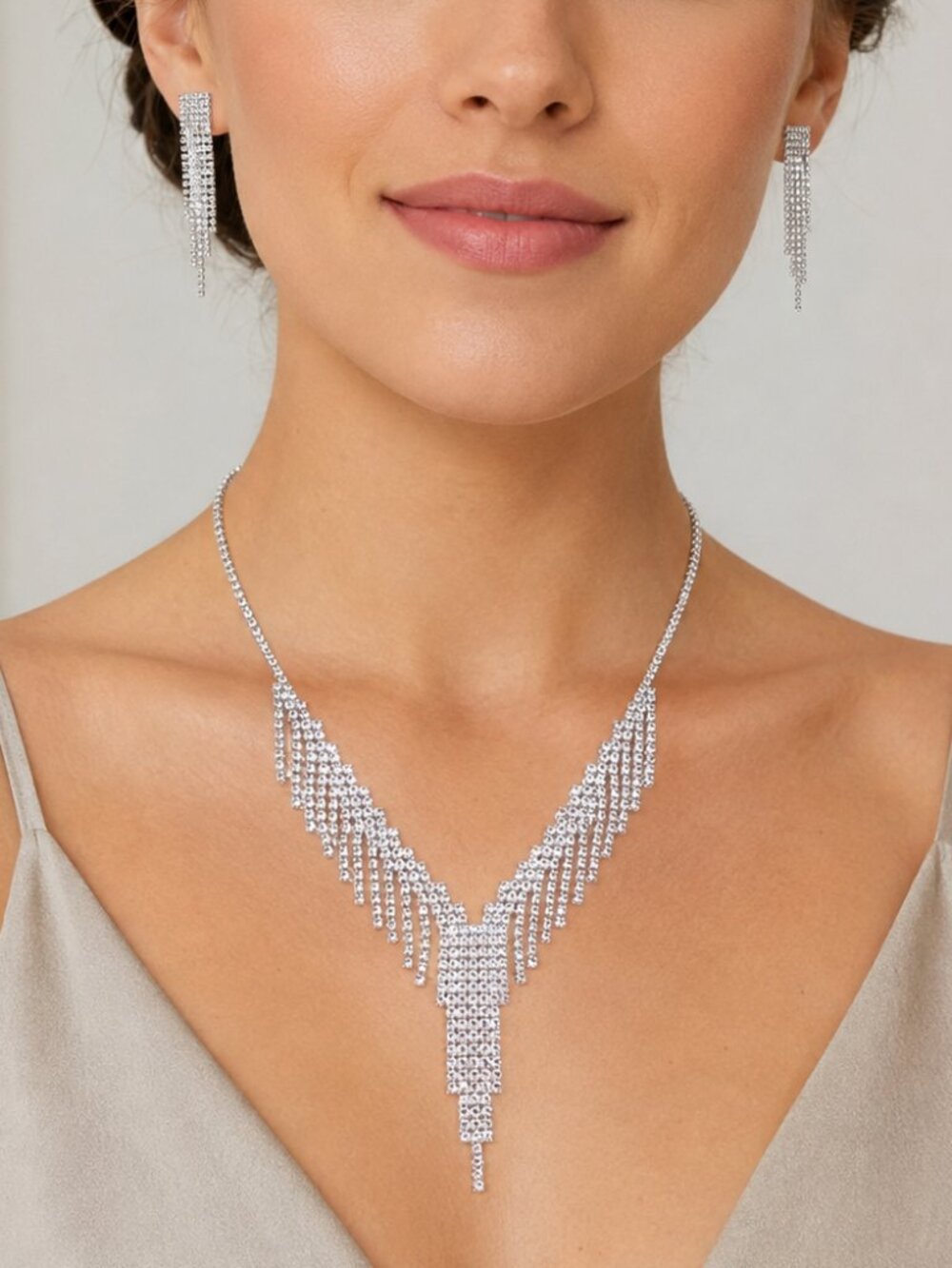 Vivace Rhinestone Cascade Fringe Necklace & Earrings Set Silver Toned